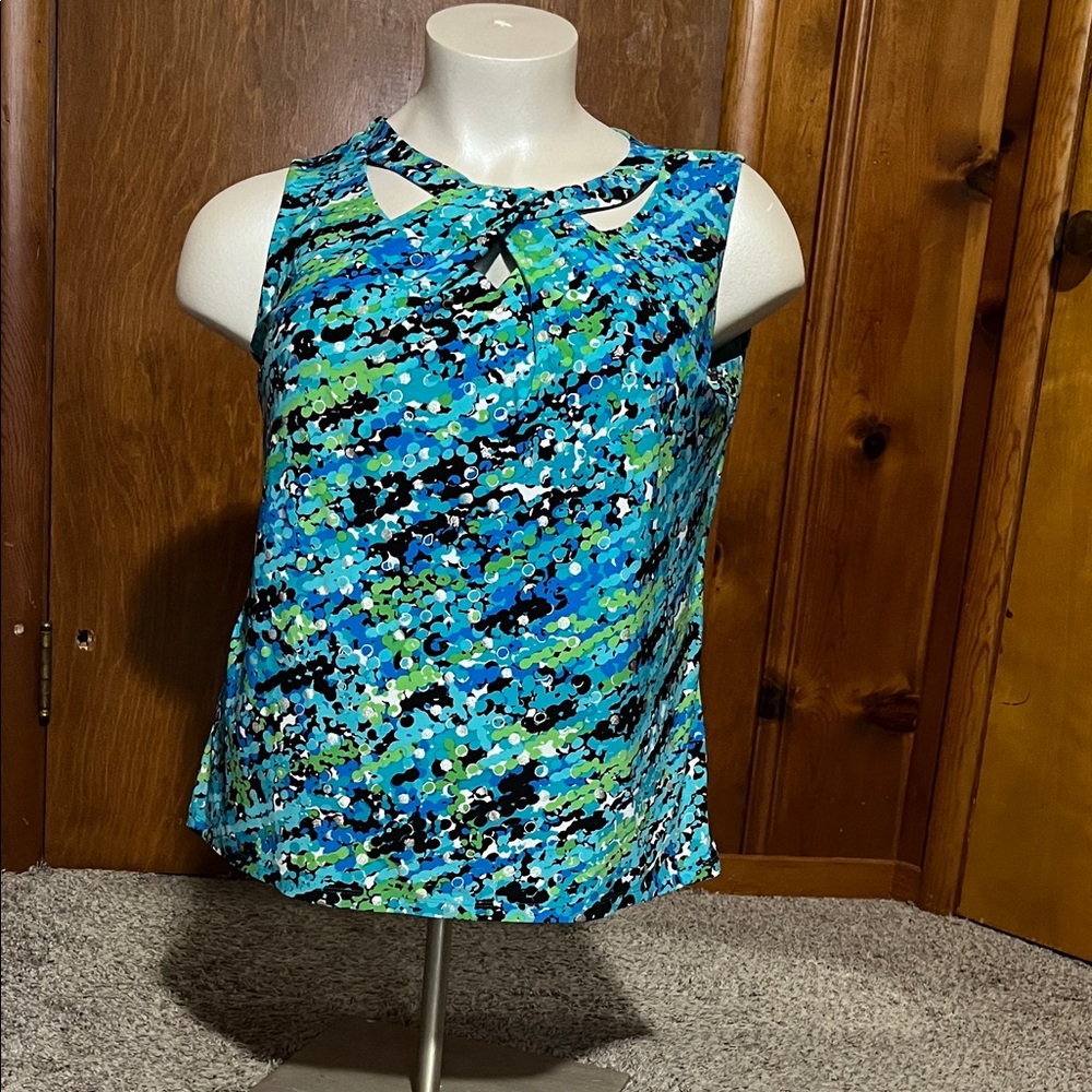 Jones Studio Aqua and Black Abstract Tank Top